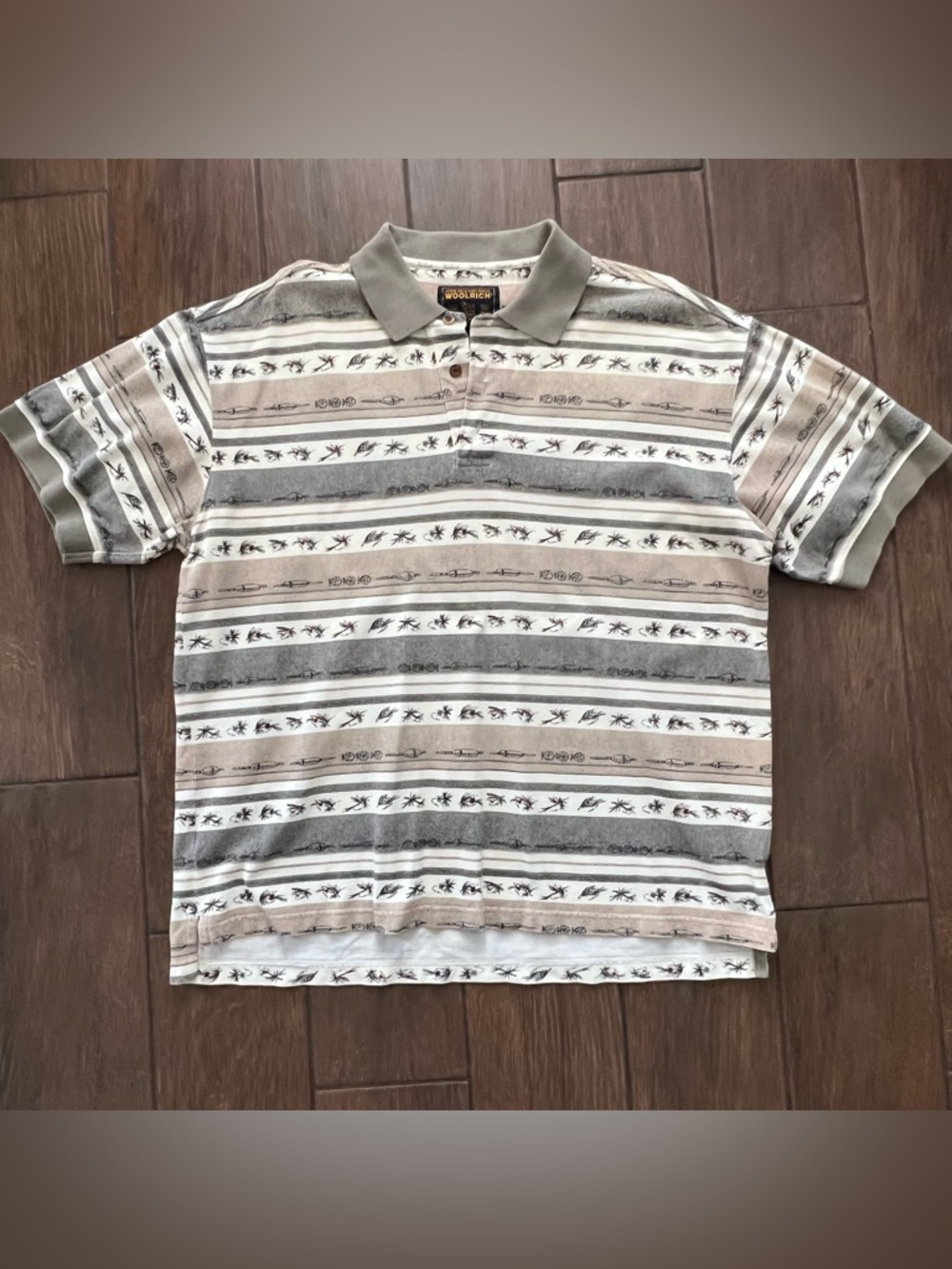 Woolrich Fishing Lure Outdoor themed Vintage Polo Shirt Size Large